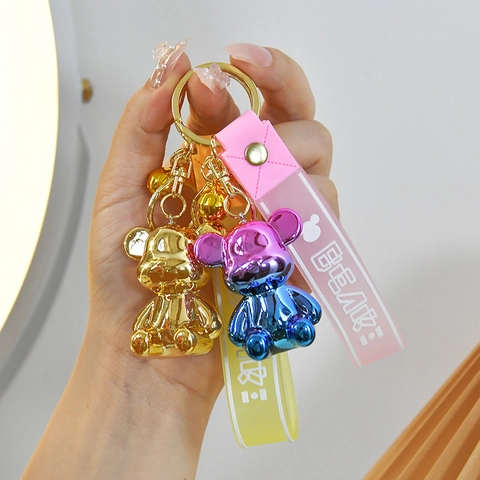 Electroplated Gradient Bear Keychain With Bell And Silicone Strap Cartoon Bag Charm For Women Men Cute Key Holder