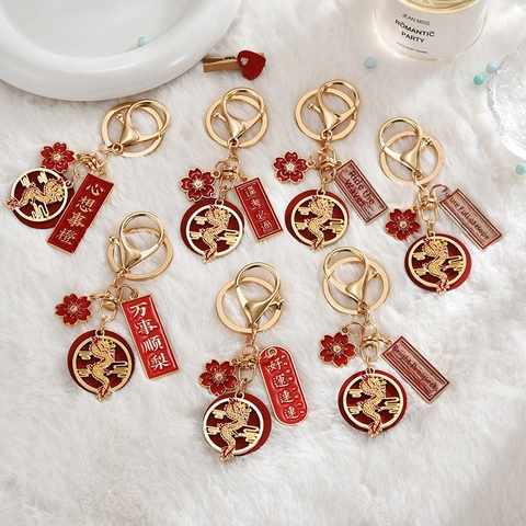 Porte-clés Dragon de Style Chinois Alliage Émail Or Rouge Pendentif Porte-bonheur Pour Cadeau de Bénédiction du Nouvel An