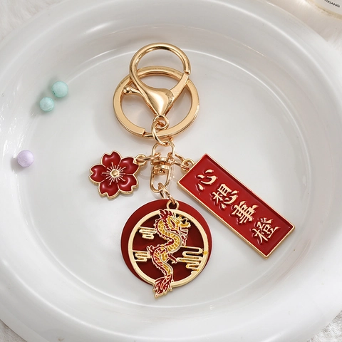 Porte-clés Dragon de Style Chinois Alliage Émail Or Rouge Pendentif Porte-bonheur Pour Cadeau de Bénédiction du Nouvel An