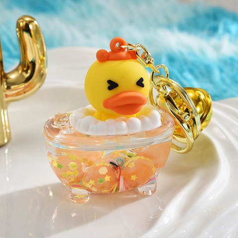 Creative Cartoon Yellow Duck Liquid Quicksand Keychain With Bell Acrylic Resin Floating Sequins Bag Pendant Charm Gift