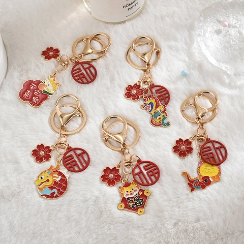 Draak Sleutelhanger Metaallegering Email Zodiac Chinees Nieuwjaar Feestelijke Hanger Tas Accessoire Geluk Fortuin
