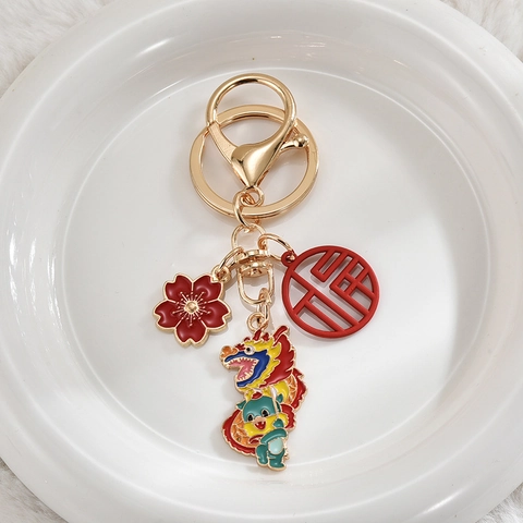 Draak Sleutelhanger Metaallegering Email Zodiac Chinees Nieuwjaar Feestelijke Hanger Tas Accessoire Geluk Fortuin