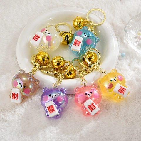 Carino Portachiavi Orso Cartone Animato Resina Perla Artificialta Pendente Mahjong Con Campanello Dorato Ciondolo Borsa Regalo Donne Ragazze