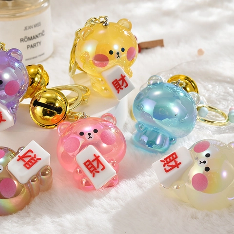 Carino Portachiavi Orso Cartone Animato Resina Perla Artificialta Pendente Mahjong Con Campanello Dorato Ciondolo Borsa Regalo Donne Ragazze