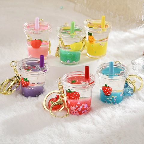 Llavero De Taza De Té De Frutas Acrílico Arena Movediza Líquida Fresa Flotante Mini Dije De Bebida Colgante Para Bolso