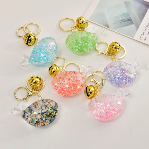 Cute Whale Liquid Quicksand Keychain Acrylic Luminous Sequin Bag Pendant Accessory With Bell And Glitter Star Charms