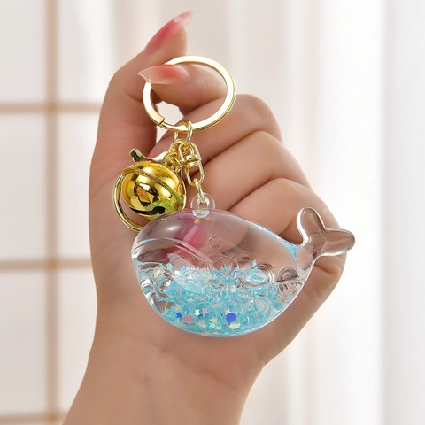 Cute Whale Liquid Quicksand Keychain Acrylic Luminous Sequin Bag Pendant Accessory With Bell And Glitter Star Charms