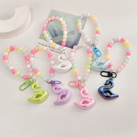 Swan Pendant Macaron Beaded Keychain Acrylic Iridescent Hanging Ornament For Phone Case Bag Handheld Strap Sweet Kawaii