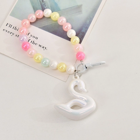 Swan Pendant Macaron Beaded Keychain Acrylic Iridescent Hanging Ornament For Phone Case Bag Handheld Strap Sweet Kawaii