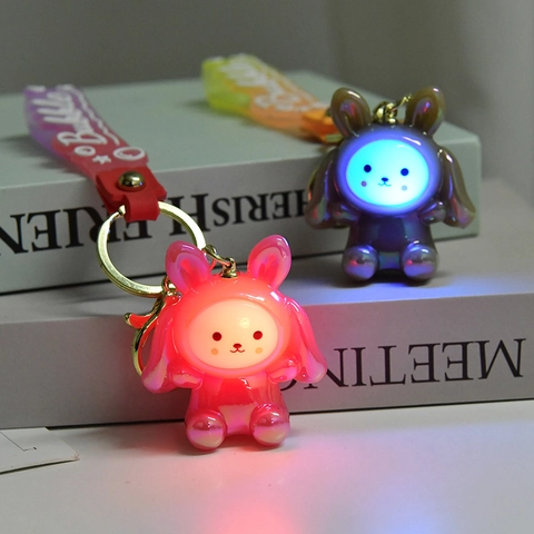 Luminous Rabbit Keychain Iridescent Bunny Keyring Acrylic Metallic Pendant Gradient Silicone Strap Cute Bag Accessory