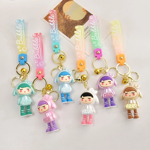 Cute Cartoon Girl Keychain PVC Silicone Gradient Strap Metal Bell Bag Charm Car Keyring Creative