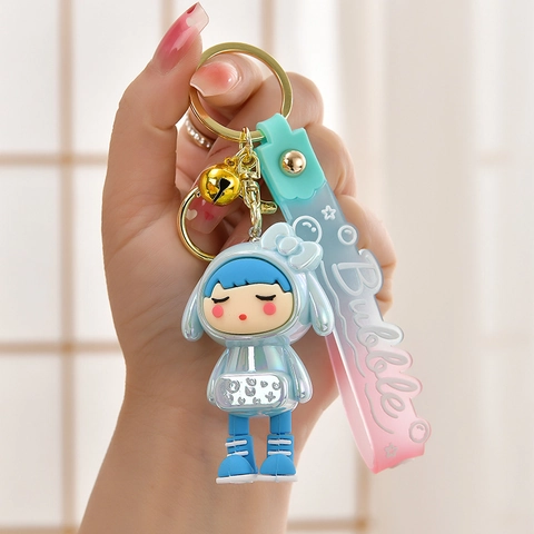 Cute Cartoon Girl Keychain PVC Silicone Gradient Strap Metal Bell Bag Charm Car Keyring Creative