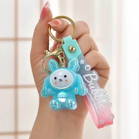 Luminous Rabbit Keychain Iridescent Bunny Keyring Acrylic Metallic Pendant Gradient Silicone Strap Cute Bag Accessory