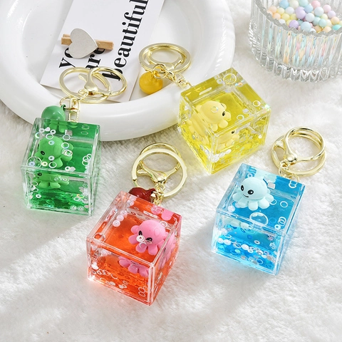 Porte-Clés Liquide Poulpe Acrylique Transparent Cube Anneau De Clé Avec Cloche Charme Animal Dessin Animé Pour Sac Décor