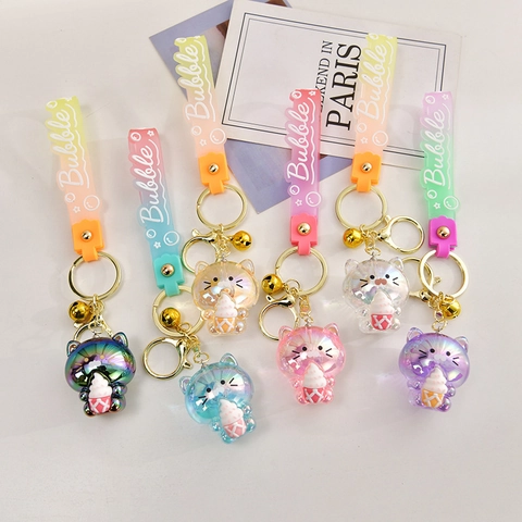Cartoon Cat Ice Cream Keychain Gradient Acrylic Resin Bag Pendant With Silicone Wrist Strap And Golden Bell