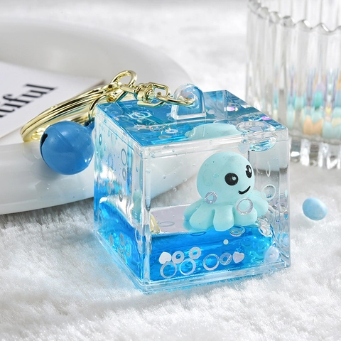 Porte-Clés Liquide Poulpe Acrylique Transparent Cube Anneau De Clé Avec Cloche Charme Animal Dessin Animé Pour Sac Décor
