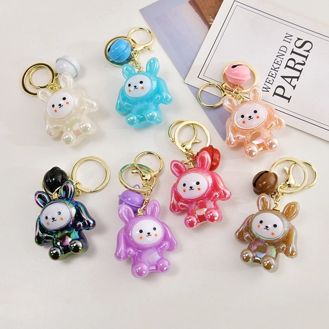 Cute Rabbit Keychain Glowing LED Flashing Acrylic Iridescent Artificial Pearl Pendant With Bell For Backpack Bag Accessories