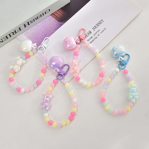 Acrylic Beaded Keychain With Apple Bear Heart Charms Metal Clasp Macaron Color Bag Pendant For Women Girls Cute Style