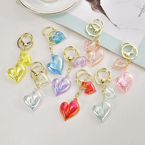 Llavero De Doble Corazón Iridiscente Acrílico Colgante De Bolsa Con Brillo Con Cierre Dorado Accesorios Lindos