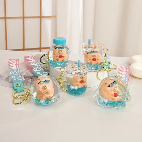 Capybara Keychain Cartoon Animal Acrylic Liquid Quicksand Bottle Pendant Bag Ornament With Gradient Strap Charm