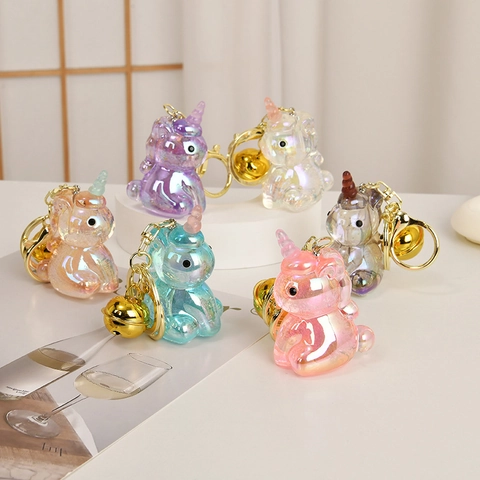 Porte-Clés Licorne Résine Translucide Irisée Pendentif Animal Dessin Animé Avec Clochette Dorée Et Fermoir Pour Sac À Dos