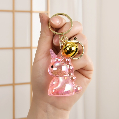Porte-Clés Licorne Résine Translucide Irisée Pendentif Animal Dessin Animé Avec Clochette Dorée Et Fermoir Pour Sac À Dos