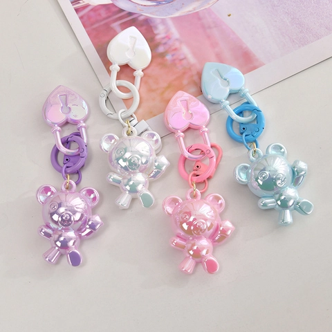 Iridescent Bear Keychain Heart Lock Acrylic Pearlescent Bag Pendant Cute Trendy Kawaii Accessory For Women Girls