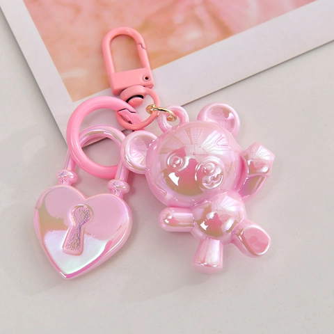 Iridescent Bear Keychain Heart Lock Acrylic Pearlescent Bag Pendant Cute Trendy Kawaii Accessory For Women Girls