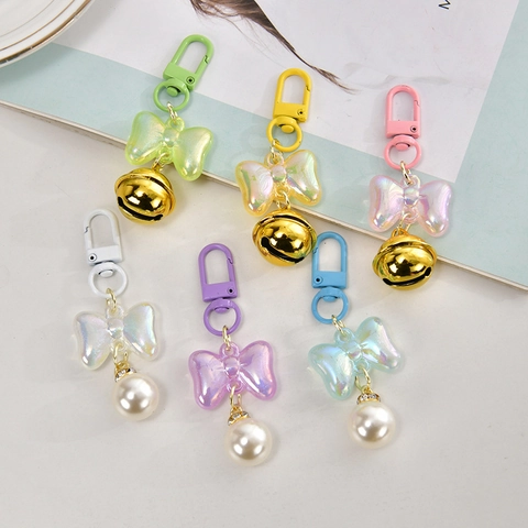 Iridescent Bowknot Keychain With Faux Artificial Pearl Metal Bell Bag Pendant Macaron Color Cute Accessory For Student Girls