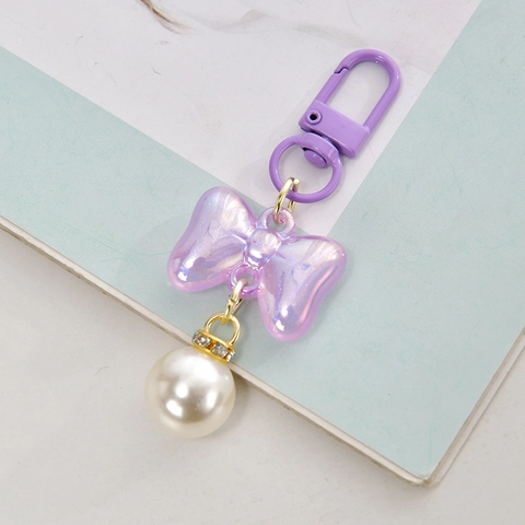 Iridescent Bowknot Keychain With Faux Artificial Pearl Metal Bell Bag Pendant Macaron Color Cute Accessory For Student Girls