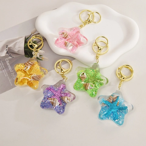 Star Pentagram Acrylic Quicksand Keychain Marine Theme Floating Starfish Shell Bag Charm Pendant Gift For Students Girls