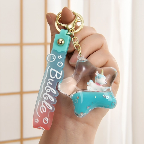 Eenhoorn Ster Vloeistof Drijfzand Sleutelhanger Acryl Tas Hanger Siliconen Polsband Glitter Sleutelring Legering