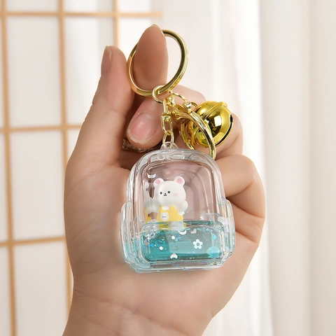 Portachiavi Orsetto Cartone Animato Con Sabbie Mobili Liquide Bottiglia Galleggiante In Acrilico Ciondolo Per Borsa Con Campanellino Regalo
