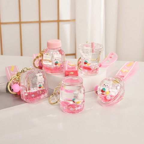 Cartoon Rabbit Strawberry Liquid Quicksand Keychain Acrylic Bottle Bag Charm Pink Silicone Strap