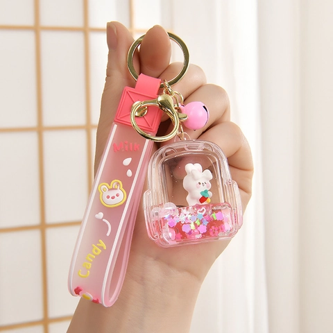 Cartoon Rabbit Strawberry Liquid Quicksand Keychain Acrylic Bottle Bag Charm Pink Silicone Strap