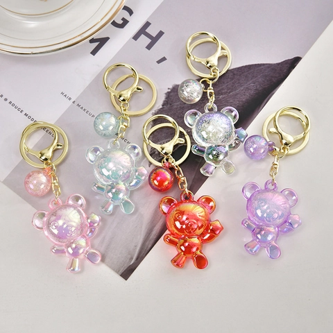 Porte-clés Ours Dessin Animé Iridescent Avec Pendentif En Résine Acrylique Perle Et Fermoir En Alliage Doré Décor De Sac Mignon