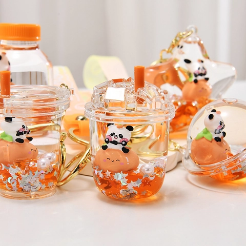Cute Panda Floating Liquid Quicksand Keychain Acrylic Milk Tea Cup Bottle Bag Pendant Glitter Wrist Strap Metal Ring