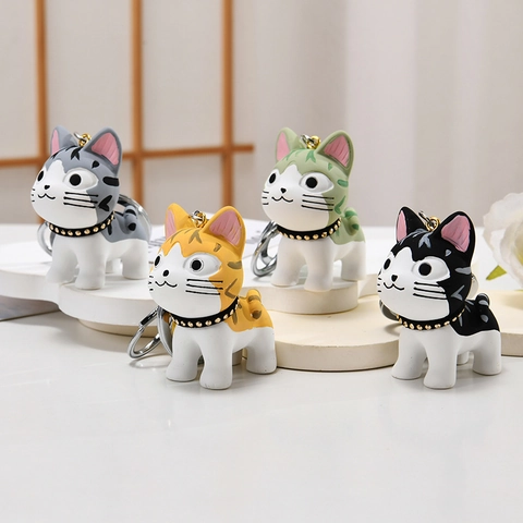 Simpatico Portachiavi Gatto Cartone Animato Resina Simulazione Bambola Animale Fascino Borsa Con Campanello Anello Metallo