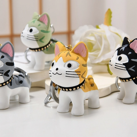 Simpatico Portachiavi Gatto Cartone Animato Resina Simulazione Bambola Animale Fascino Borsa Con Campanello Anello Metallo