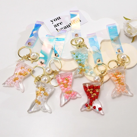 Mermaid Tail Keychain With Floating Artificial Pearls Holographic Laser Strap Acrylic Resin Bag Pendant For Women