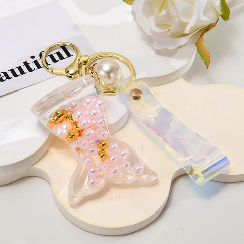 Mermaid Tail Keychain With Floating Artificial Pearls Holographic Laser Strap Acrylic Resin Bag Pendant For Women