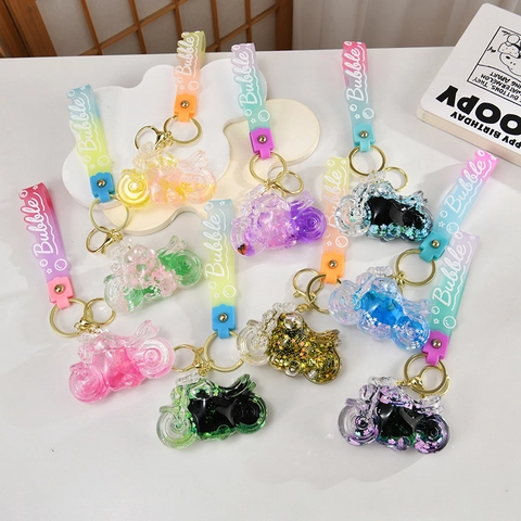 Creative Motorcycle Quicksand Keychain Liquid Glitter Acrylic Pendant Dreamy Gradient Wrist Strap Cartoon Charm Accessory