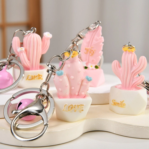 Mini Cactus Succulent Potted Plant Keychain Cute Resin Bag Charm With Bell Landscape Hanging Ornament For Girls