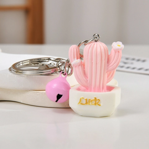 Mini Cactus Succulent Potted Plant Keychain Cute Resin Bag Charm With Bell Landscape Hanging Ornament For Girls