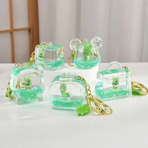 Süßer Grüner Fuchs Flüssigtreibsand Schlüsselanhänger Aus Acryl Transparentes Bewegliches Ölflaschen Design Mit Goldenem Metall Schlüsselring Taschenanhänger Geschenk