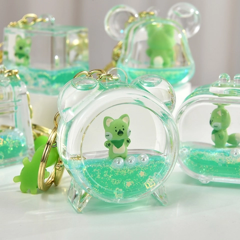 Süßer Grüner Fuchs Flüssigtreibsand Schlüsselanhänger Aus Acryl Transparentes Bewegliches Ölflaschen Design Mit Goldenem Metall Schlüsselring Taschenanhänger Geschenk