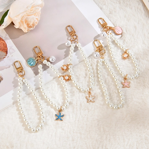 Elegant Imitation Artificial Pearl Keychain Bag Charm With Alloy Enamel Starfish Shell Pendants For Women Summer Ocean Style