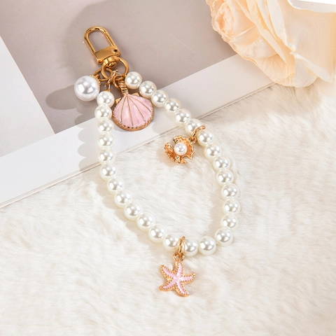 Elegant Imitation Artificial Pearl Keychain Bag Charm With Alloy Enamel Starfish Shell Pendants For Women Summer Ocean Style