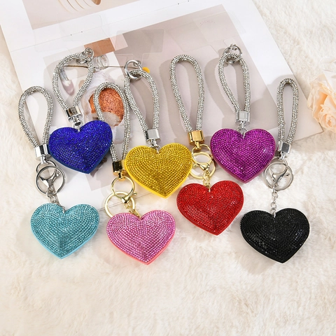 Heart Keychain Sparkling Rhinestone Full Diamond Bag Pendant Luxury Car Key Ring With Matching Wrist Strap Elegant Gift