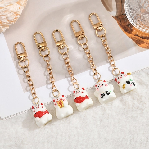 Porte-Clés Chat Porte-Bonheur Maneki Neko Mignon Résine Métal Charme De Sac Style Japonais Ornement De Fortune Cadeau
